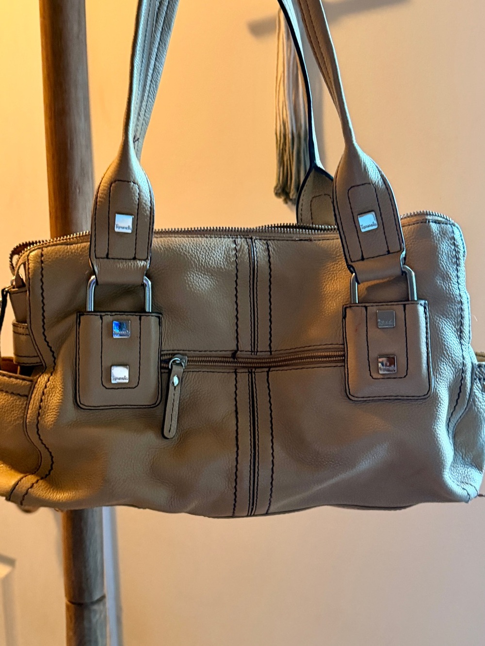 Tignanello Taupe Leather Shoulder Bag with Front Zip Pocket